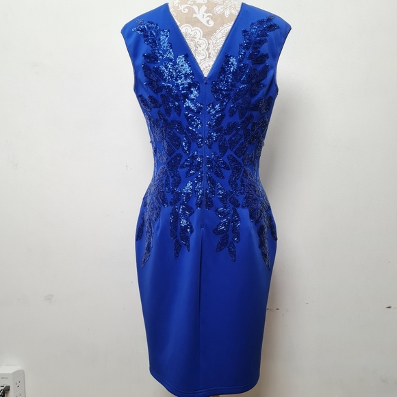 Tadashi Shoji Sequin Capsleeves Neoprene Shift Dress Royal Blue Women's Size L - Picture 7 of 16
